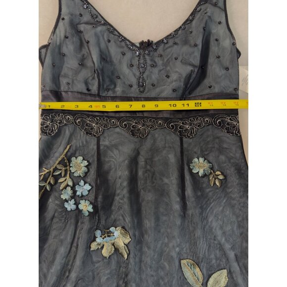 Vintage Teal Black Y2K Embroidered Silk Dress 10 Glam Fairy Dark Whimsigoth Bead - Picture 14 of 16